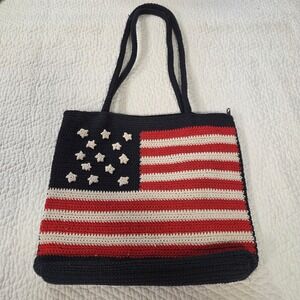 Candies American Flag Crochet Tote Bag Navy Red White Patriotic Stars Stripes